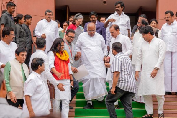 As LoP Kharge is not permitted to speak during Modi's reply in the Rajya Sabha, the opposition leaves.