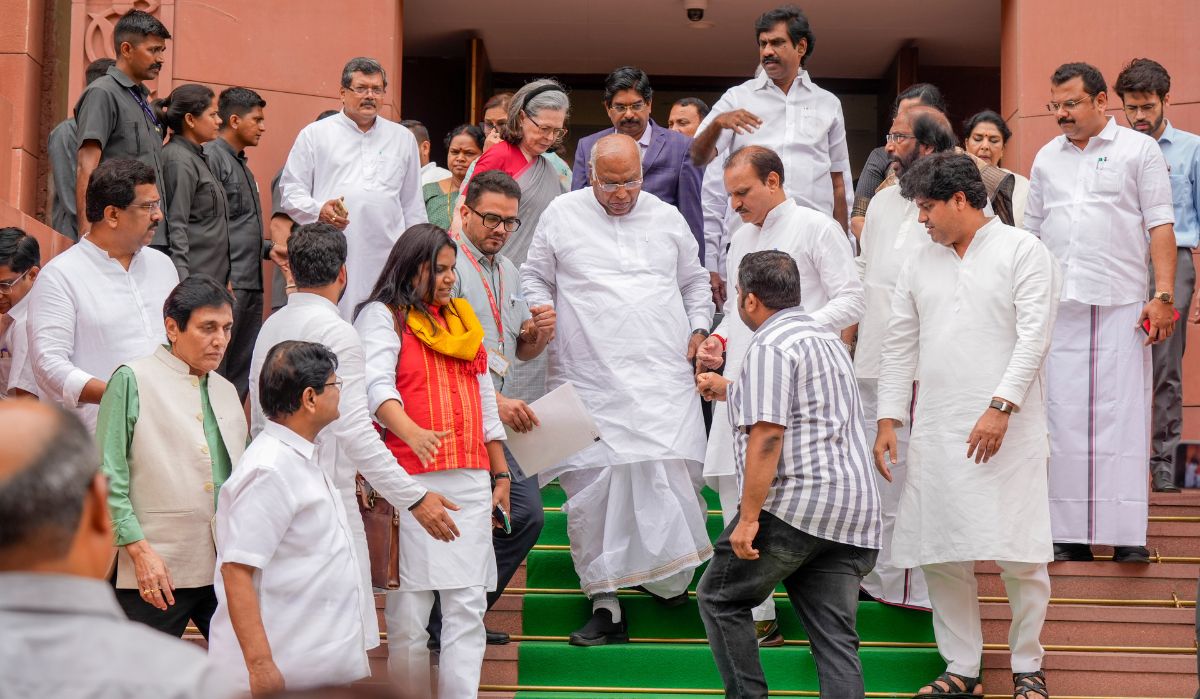 As LoP Kharge is not permitted to speak during Modi's reply in the Rajya Sabha, the opposition leaves.