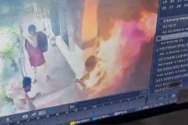 Due to inactivity on sexual harassment claims, an Odisha Balasore student self-immolated and died from burn injuries. Screengrab of CCTV visual showing the victim setting herself abalze in Fakir Mohan (Autonomous) College premises