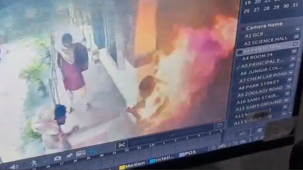 Screengrab of CCTV visual showing the victim setting herself abalze in Fakir Mohan (Autonomous) College premises