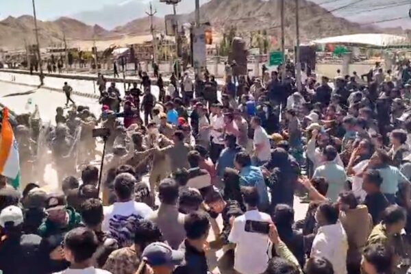 A BJP office and a police car are set on fire during a violent demonstration in Ladakh over demands for statehood.